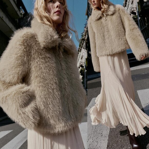 Zara Jackets & Blazers - NEW ZARA Double-Faced Faux Fur Jacket Size S Taupe Gray Zip Front Suede Lined